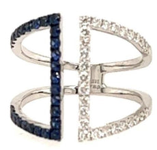 .83CT DIAMOND & AAA SAPPHIRE 18KT WHITE GOLD 3D DOUBLE BAR TRIANGULAR FUN RING