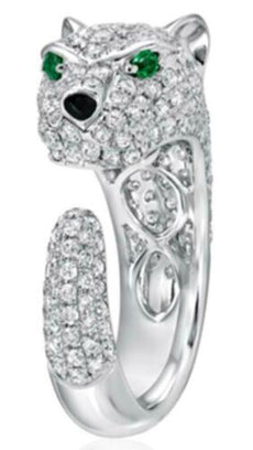 2.55CT DIAMOND & AAA EMERALD 18KT WHITE GOLD 3D HAPPY PANTHER JAGUAR FUN RING