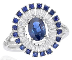 1.93CT DIAMOND & AAA SAPPHIRE 14KT WHITE GOLD 3D ROUND & BAGUETTE ENGAGMENT RING