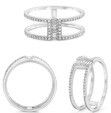 .26CT DIAMOND 14KT WHITE GOLD 3D CLASSIC ROUND & BAGUETTE DOUBLE BAND BAR RING