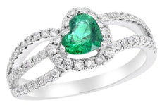 1.1CT DIAMOND & AAA EMERALD 14Kt WHITE GOLD 3D DOUBLE HEART HALO ENGAGEMENT RING