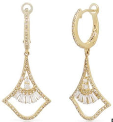 .79CT DIAMOND 14K YELLOW GOLD 3D ROUND & BAGUETTE TEAR DROP FUN HANGING EARRINGS
