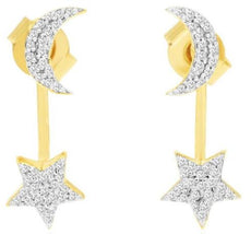 ESTATE .22CT DIAMOND 14KT YELLOW GOLD 3D ROUND STAR & MOON FUN HANGING EARRINGS