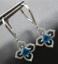 .87CT DIAMOND & AAA BLUE TOPAZ 14KT WHITE GOLD PRINCESS & ROUND HANGING EARRINGS