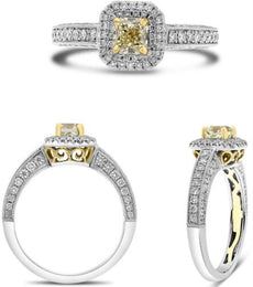 1.14CT WHITE & FANCY YELLOW DIAMOND 18KT 2 TONE GOLD CUSHION & ROUND SQUARE RING