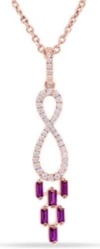 .39CT DIAMOND & AAA RUBY 14K ROSE GOLD 3D ROUND & BAGUETTE LOVE FLOATING PENDANT