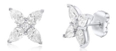 ESTATE 4.09CT DIAMOND PLATINUM 3D ROUND & PEAR SHAPE FLOWER STUD EARRINGS