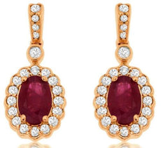 1.33CT DIAMOND & AAA RUBY 14KT ROSE GOLD 3D OVAL & ROUND FLOWER HANGING EARRINGS