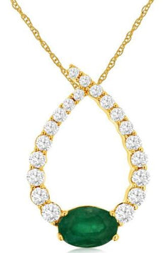 .77CT DIAMOND & AAA EMERALD 14KT YELLOW GOLD OVAL & ROUND LOVE FLOATING PENDANT