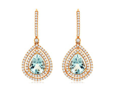 ESTATE 3.45CT DIAMOND & AAA AQUAMARINE 14KT ROSE GOLD TEAR DROP HANGING EARRINGS