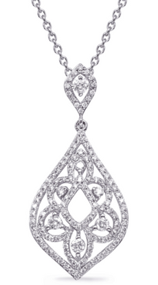 .57CT DIAMOND 14KT WHITE GOLD 3D FLOWER OPEN FILIGREE TEAR DROP FLOATING PENDANT