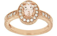 1.08CT DIAMOND & AAA MORGANITE 14KT ROSE GOLD OVAL & ROUND HALO ENGAGEMENT RING