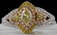 WIDE 1CT WHITE & FANCY YELLOW DIAMOND 18KT 2 TONE GOLD MARQUISE ENGAGEMENT RING