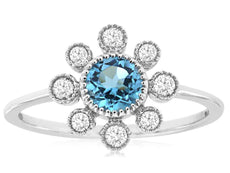 .74CT DIAMOND & AAA BLUE TOPAZ 14K WHITE GOLD FILIGREE FLOWER SNOWFLAKE FUN RING