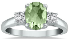 1.58CT DIAMOND & AAA GREEN AMETHYST 14KT WHITE GOLD 3D OVAL & ROUND 3 STONE RING