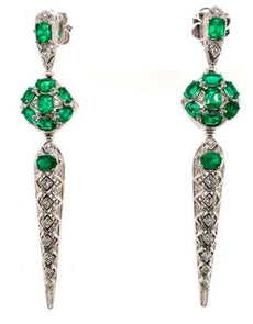 LARGE 6.36CT DIAMOND & AAA EMERALD 18KT WHITE GOLD 3D ELONGATED HANGING EARRINGS