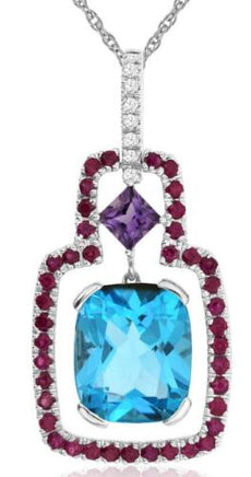 6.7CT DIAMOND & AAA BLUE TOPAZ AAA RUBY & AAA AMETHYST 14KT WHITE GOLD PENDANT