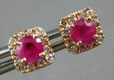 ESTATE .85CT DIAMOND & AAA RUBY 14K ROSE GOLD 3D ROUND SQUARE HALO STUD EARRINGS