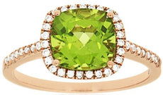2.18CT DIAMOND & AAA PERIDOT 14KT ROSE GOLD 3D CUSHION HALO FRIENDSHIP LOVE RING