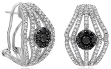 WIDE 1.52CT WHITE & BLACK DIAMOND 14K WHITE GOLD FLOWER CLIP ON HANGING EARRINGS
