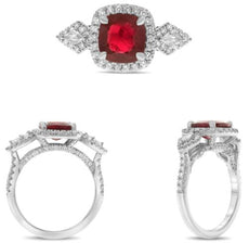 3.03CT DIAMOND & AAA RUBY PLATINUM CUSHION ROUND & KITE SHAPE 3 STONE HALO RING