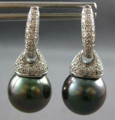 LARGE .50CT DIAMOND & AAA TAHITIAN PEARL 14KT WHITE GOLD HUGGIE HANGING EARRINGS