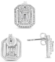 .97CT DIAMOND 14KT WHITE GOLD 3D ROUND & BAGUETTE INVISIBLE DOUBLE HALO EARRINGS