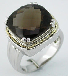 9.30CT AAA SMOKEY TOPAZ 925 SILVER & 14KT YELLOW GOLD 3D SOLITAIRE ROPE FUN RING