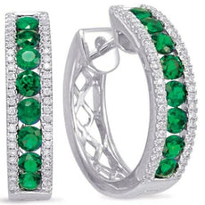 1.52CT DIAMOND & AAA EMERALD 14KT WHITE GOLD 3 ROW HOOP HUGGIE HANGING EARRINGS