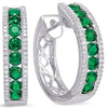 1.52CT DIAMOND & AAA EMERALD 14KT WHITE GOLD 3 ROW HOOP HUGGIE HANGING EARRINGS
