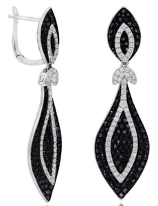 LARGE 4.35CT WHITE & BLACK DIAMOND 18K WHITE GOLD 3D MULTI LEAF HANGING EARRINGS