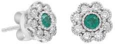 .54CT DIAMOND & AAA EMERALD 14K WHITE GOLD CLASSIC FILIGREE FLOWER STUD EARRINGS