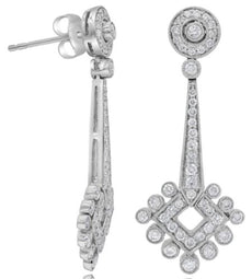 1.18CT DIAMOND 18KT WHITE GOLD ROUND FLORAL TEAR DROP FILIGREE HANIGING EARRINGS