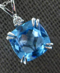 2.44CT DIAMOND & AAA BLUE TOPAZ 14K WHITE GOLD 3D CUSHION & ROUND SQUARE PENDANT