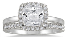 1.33CT DIAMOND 14K WHITE GOLD CUSHION & ROUND SQUARE ENGAGEMENT WEDDING RING SET