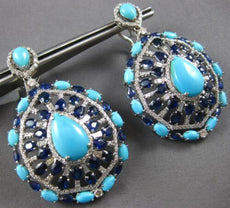 EXTRA LARGE 43.24CT DIAMOND & AAA SAPPHIRE & TURQUOISE 14KT WHITE GOLD EARRINGS