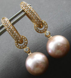 LARGE .49CT DIAMOND & AAA PINK SOUTH SEA PEARL 18KT ROSE GOLD 3D HUGGIE EARRINGS