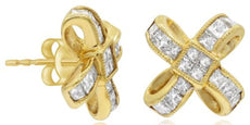 1.65CT DIAMOND 14K YELLOW GOLD 3D PRINCESS CRISS CROSS FLOWER INVISIBLE EARRINGS