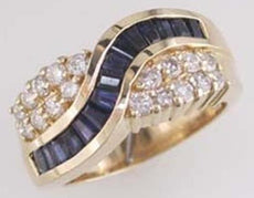 WIDE 1.75CT DIAMOND & AAA SAPPHIRE 14KT YELLOW GOLD ROUND & BAGUETTE LOVE RING