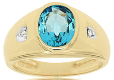 3.29CT DIAMOND & AAA BLUE TOPAZ 14KT YELLOW GOLD 3 STONE OVAL BEZEL MENS RING