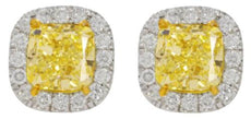 3.41CT WHITE & FANCY YELLOW DIAMOND 18KT WHITE GOLD CUSHION CUT & ROUND EARRINGS