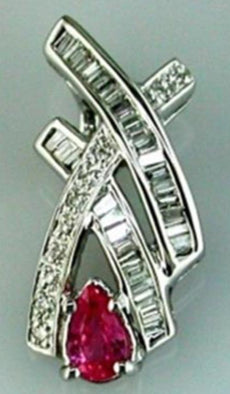 .52CT DIAMOND & AAA PINK SAPPHIRE 14KT WHITE GOLD BAGUETTE & PEAR SHAPE PENDANT