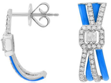 .43CT DIAMOND & BLUE ENAMEL 14K WHITE GOLD ROUND & BAGUETTE FUN HANGING EARRINGS