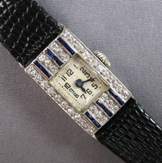 ANTIQUE ART DECO .78CT OLD MINE DIAMOND & AAA SAPPHIRE PLATINUM 3D WATCH #28151