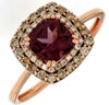 Estate 1.53Ct White & Mocha Diamond & AAA Rhodolite 14Kt Rose Gold Cushion & Round Ring