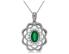 .56CT DIAMOND & AAA EMERALD 14K WHITE GOLD 3D ROUND & OVAL DOUBLE FLOWER PENDANT