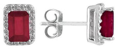 1.25CT DIAMOND & AAA RUBY 14KT WHITE GOLD 3D EMERALD CUT & ROUND SQUARE EARRINGS