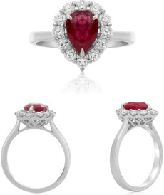 2.55CT DIAMOND & AAA RUBY 18KT WHITE GOLD 3D PEAR SHAPE & ROUND ENGAGEMENT RING