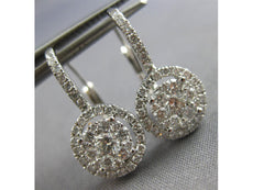 ESTATE LARGE .86CT DIAMOND 14K WHITE GOLD CLUSTER HALO ROUND LEVERBACK HANGING EARRINGS