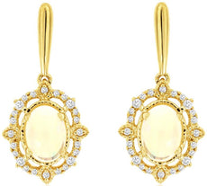 1.16CT DIAMOND & AAA OPAL 14KT YELLOW GOLD OVAL & ROUND FLOWER HANGING EARRINGS
